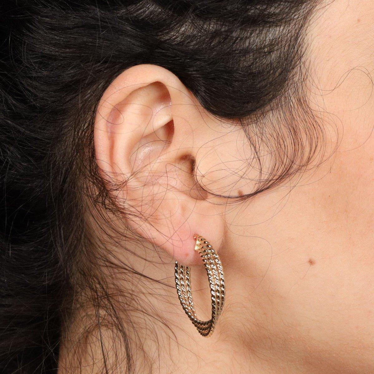 Yellow Gold Large Triple Layer Ribbed Hoop Earrings