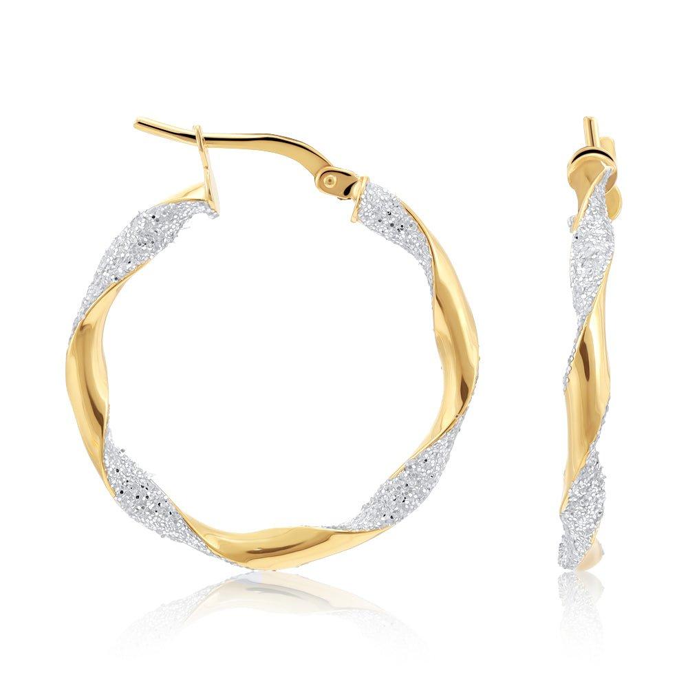 Yellow and White Gold Glitter Finish Twisted 25mm Hoop Earrings