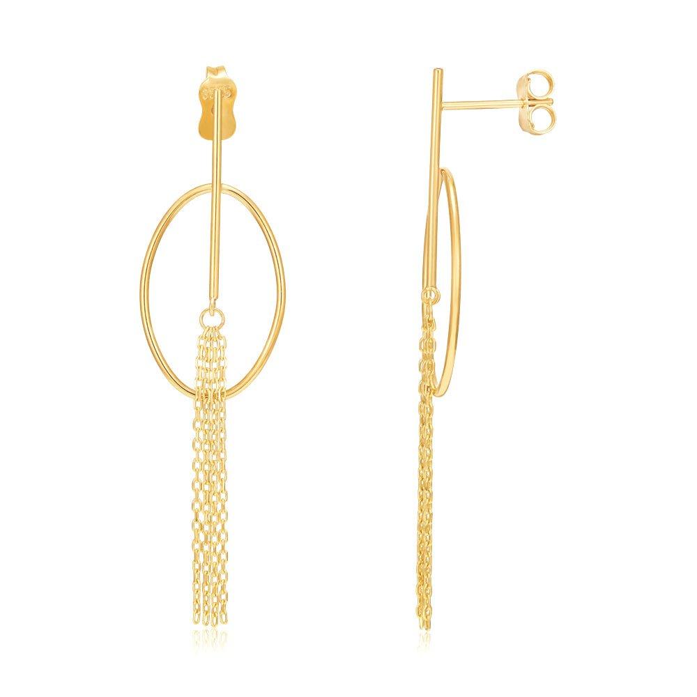 Yellow Gold Oval Tube Tassel Drop Earrings