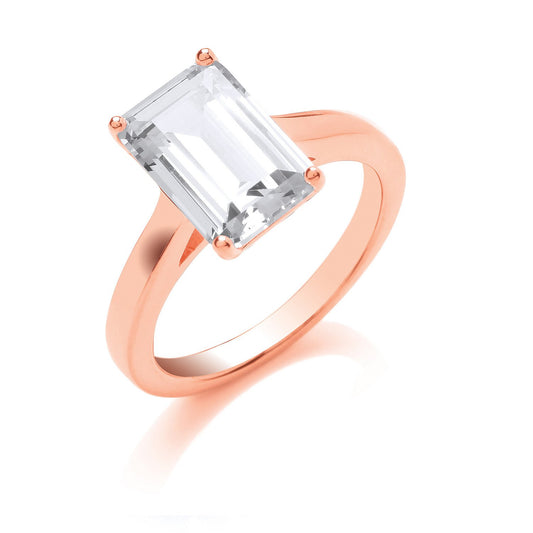 Silver Rose Gold Plated Emerald Cut Solitaire Ring