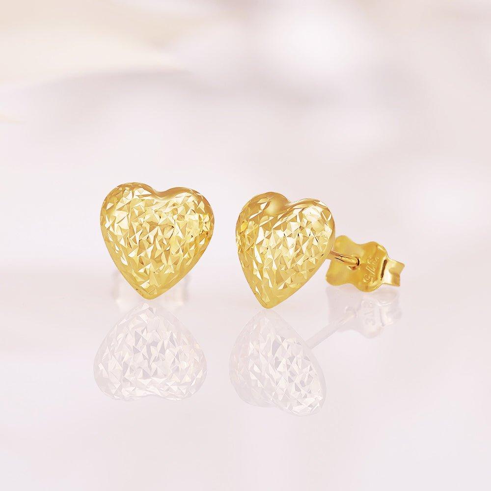Yellow Gold Puffed Diamond Cut Heart Stud Earrings