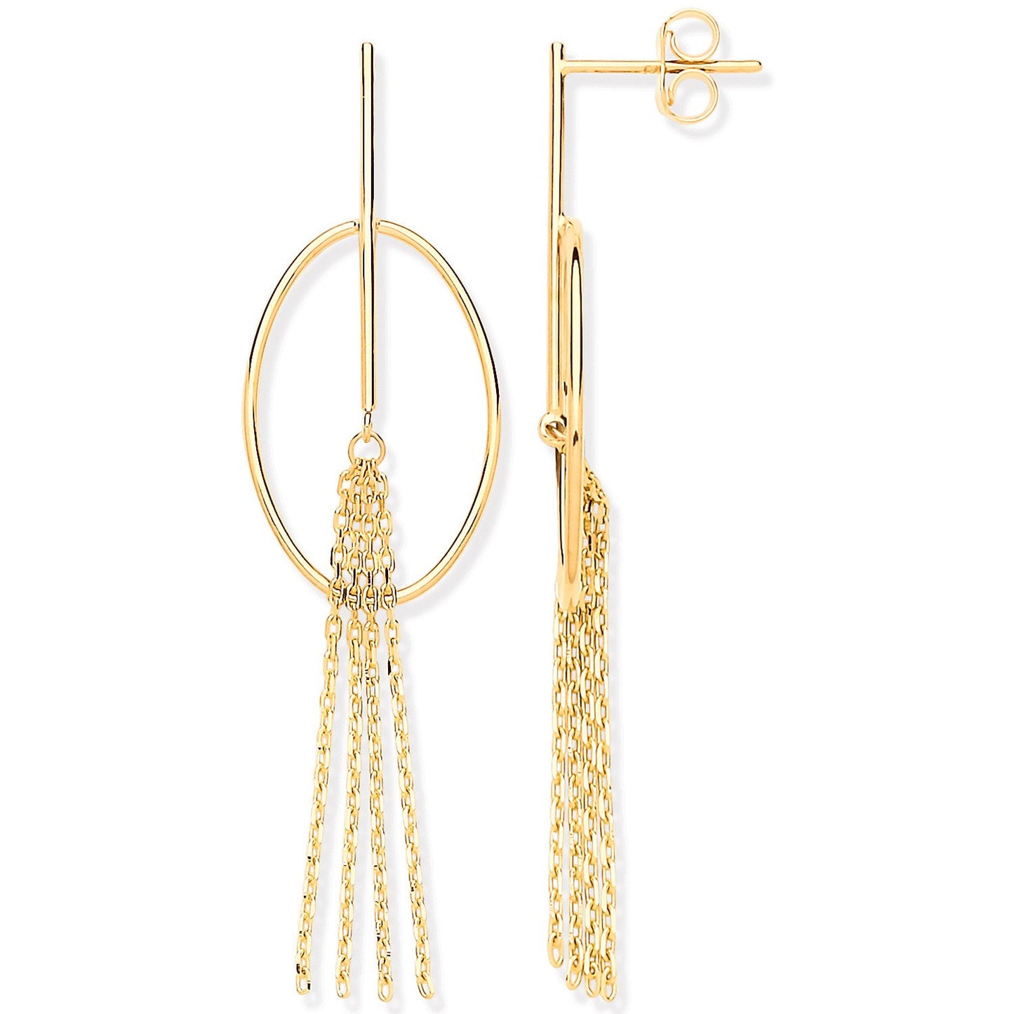 Yellow Gold Oval Tube Tassel Drop Earrings