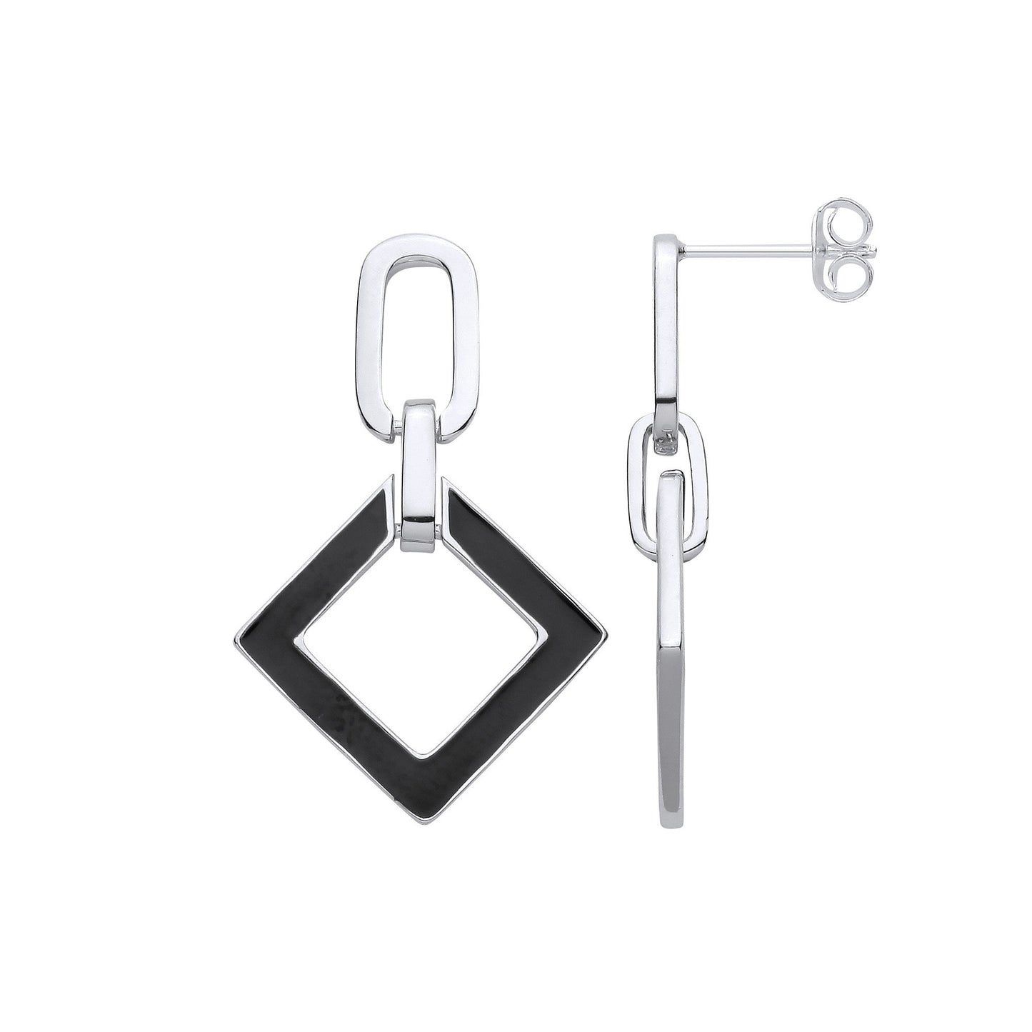 Silver Square Black Enamel Drop Earrings