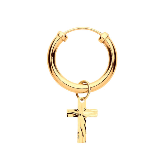 Yellow Gold Sleeper with Cross Charm Men's Single Earring