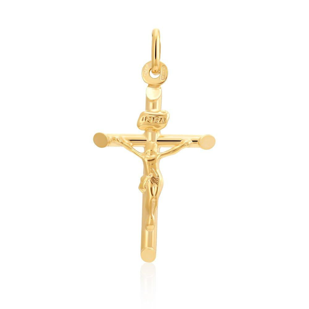 Yellow Gold Round Tube Crucifix - 17.5mm