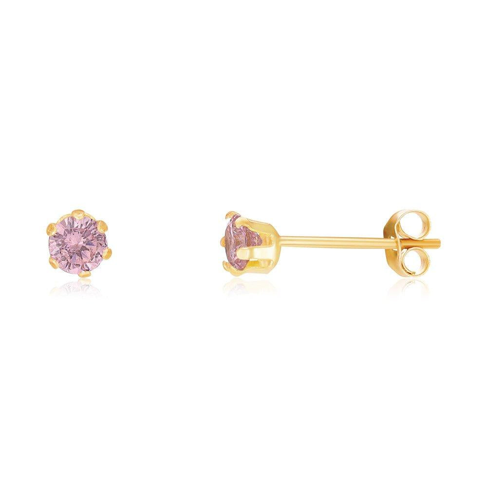9ct Yellow Gold 3mm Claw Set Pink Cubic Zirconia Studs
