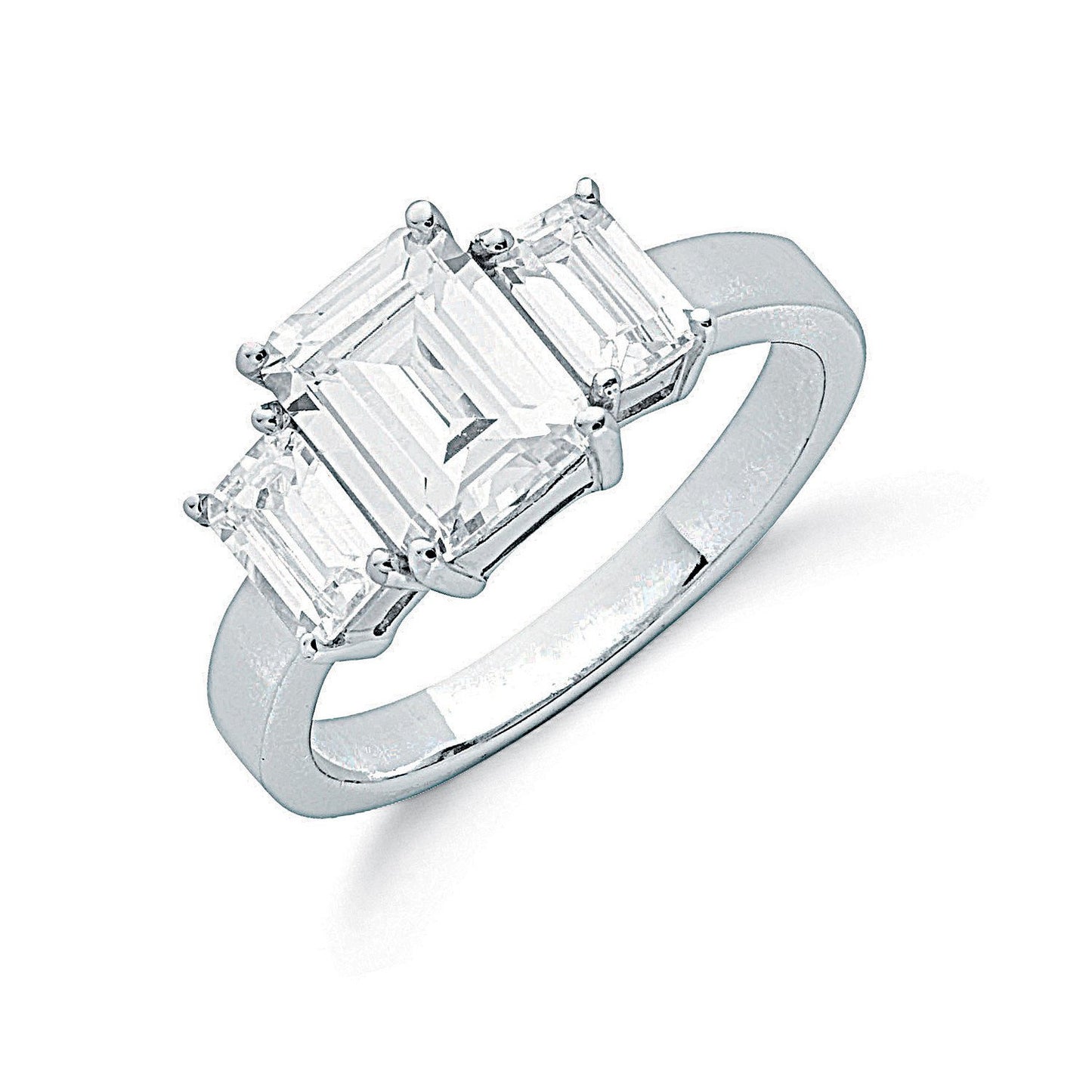 Silver Claw Set Emerald Cut Cubic Zirconia Trilogy Ring