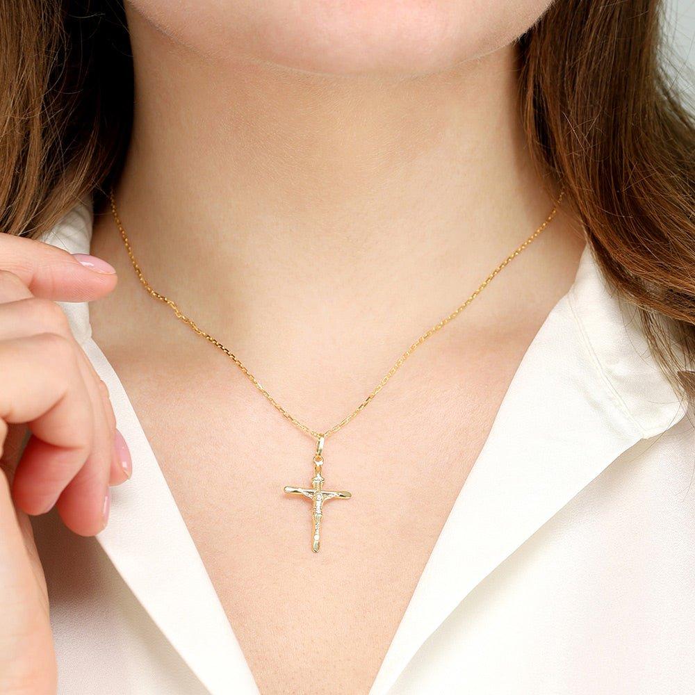 Yellow Gold Round Tube Crucifix - 17.5mm