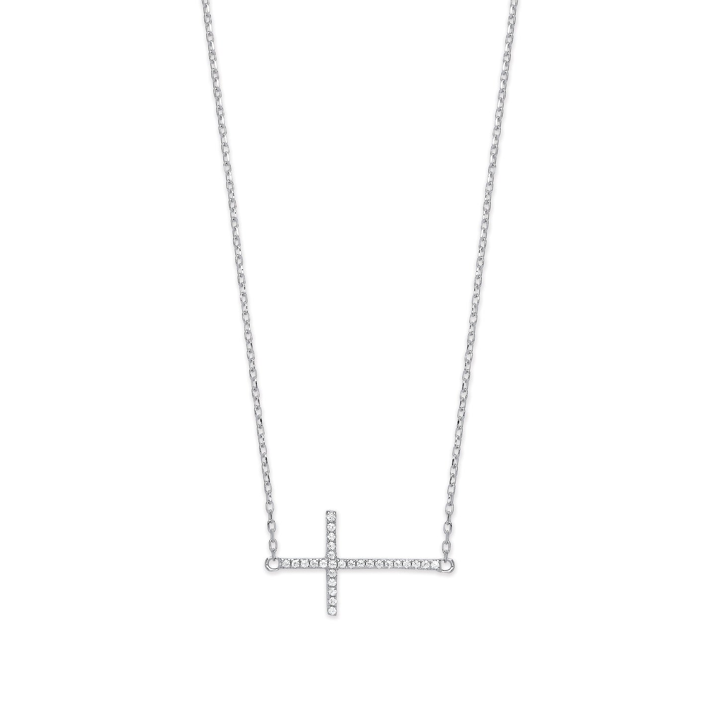 Silver Cubic Zirconia Sideways Cross Pendant 16" Necklace with Extention