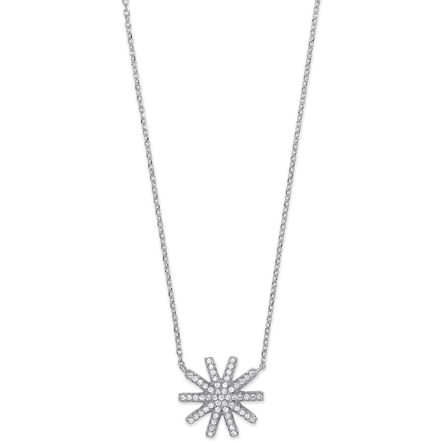 Silver Cubic Zirconia Starburst Pendant 16" Necklace with Extention