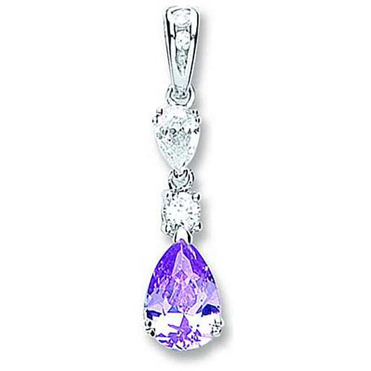 Silver Purple & White Pear Shaped Cubic Zirconia Drop Pendant