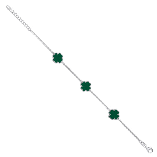Silver Green Enamel Four Leaf Clover Bracelet