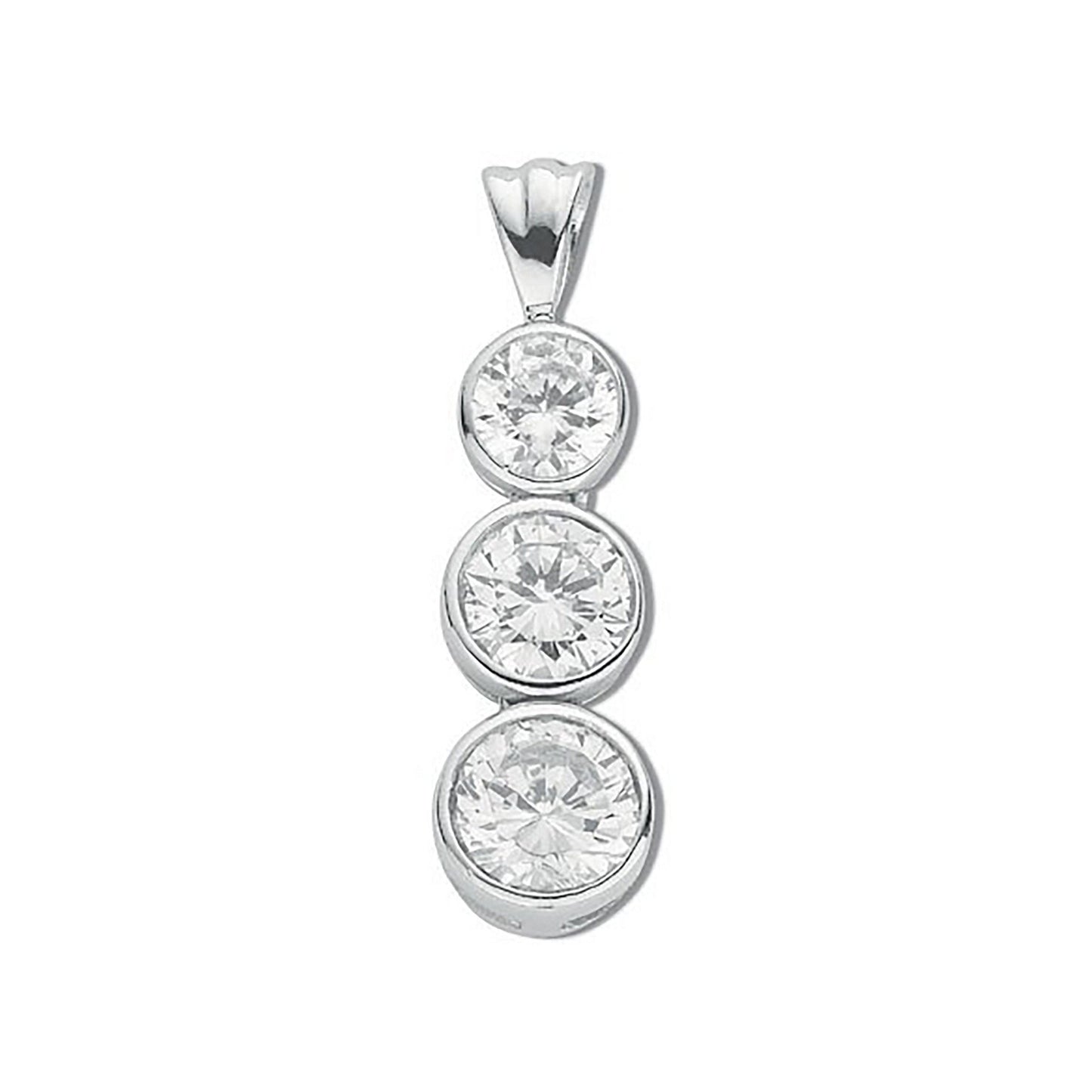 Silver Rubover Set Cubic Zirconia Trilogy Drop Pendant