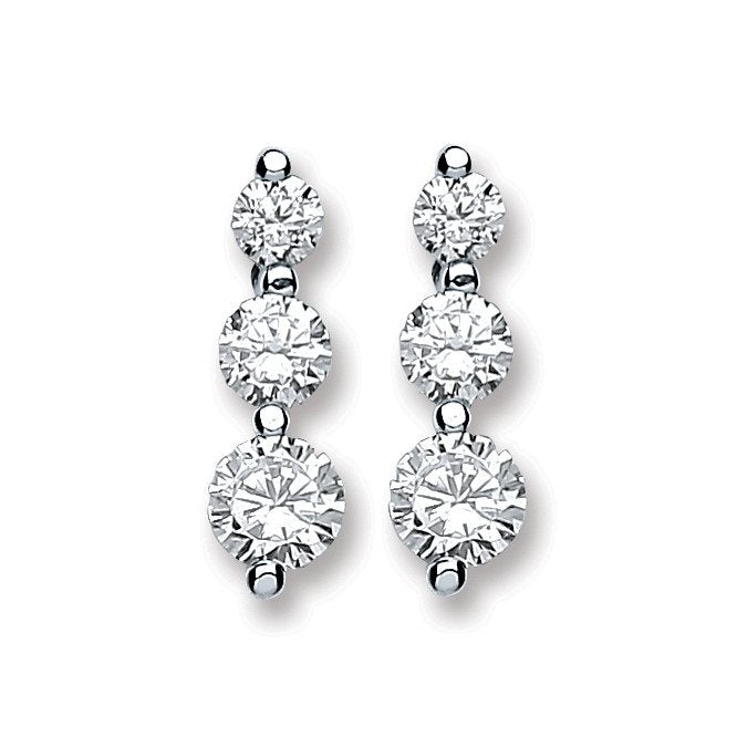 Silver 3 Cubic Zirconia Graduated Drop Earrings