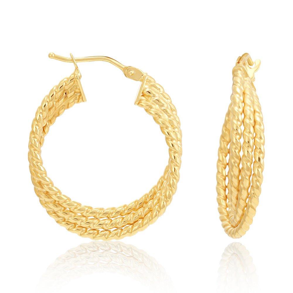 Yellow Gold Triple Layer Ribbed Hoop Earrings