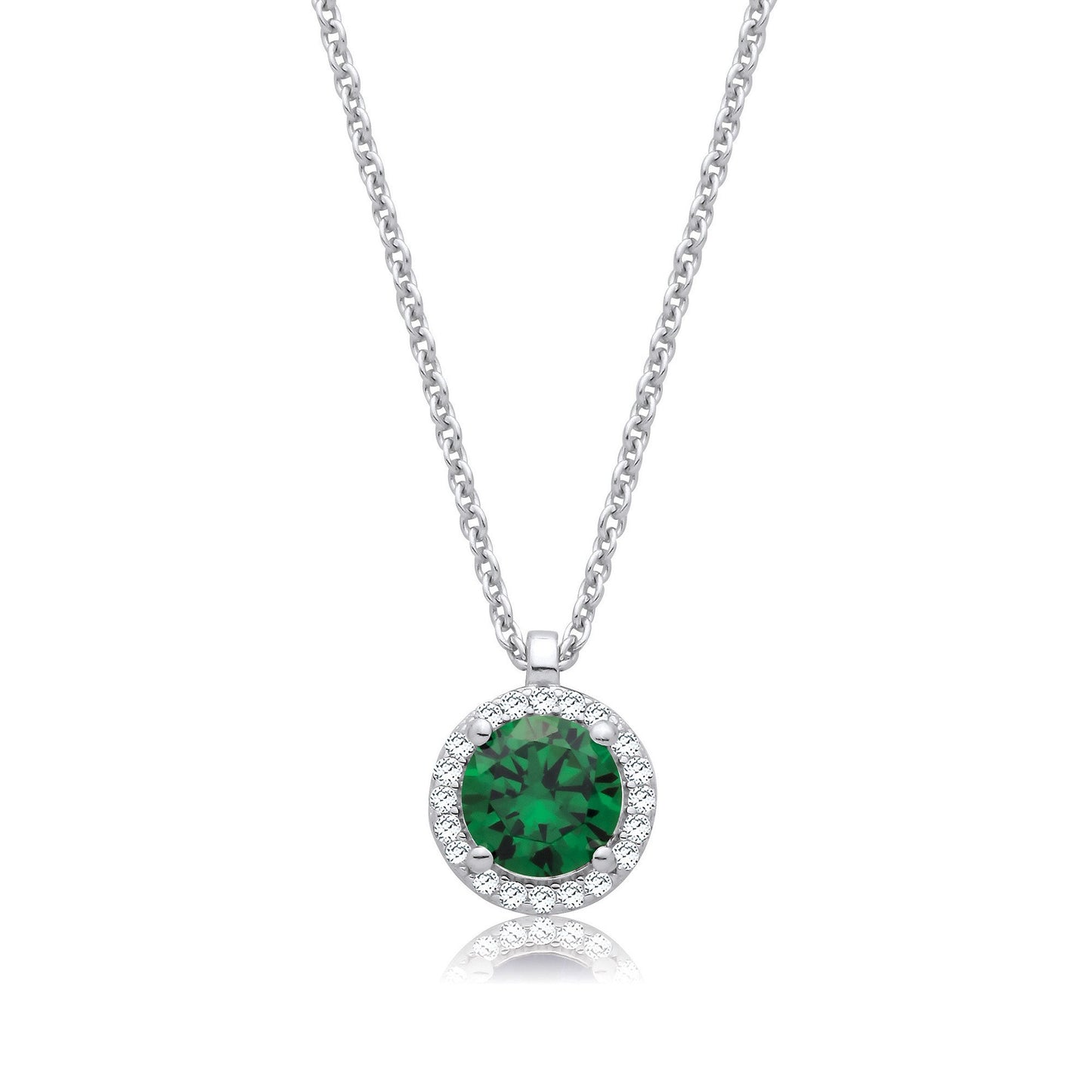Emerald Green and Clear Cubic Zirconias Halo Pendant with Chain