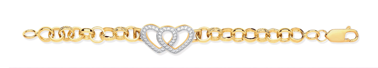 Yellow Gold Belcher Links Cubic Zirconia Hearts Baby Bracelet