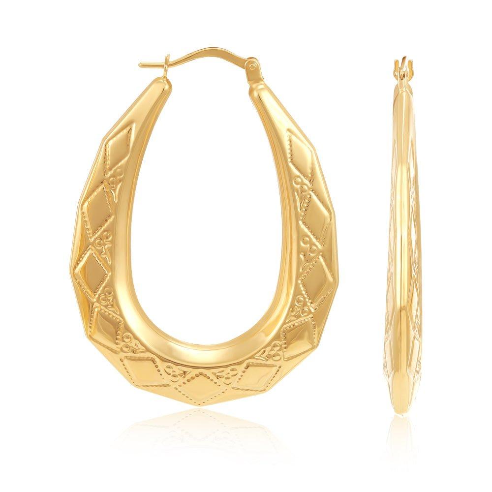 Yellow Gold Diamond Cut Oval Creoles - 2.2g