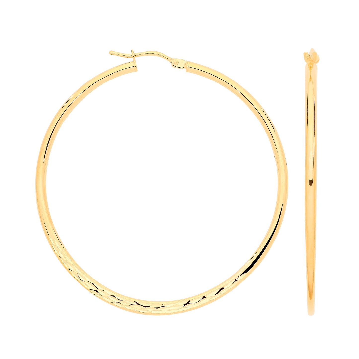 Yellow Gold 40mm Half Diamond Cut Half Plain Hoops