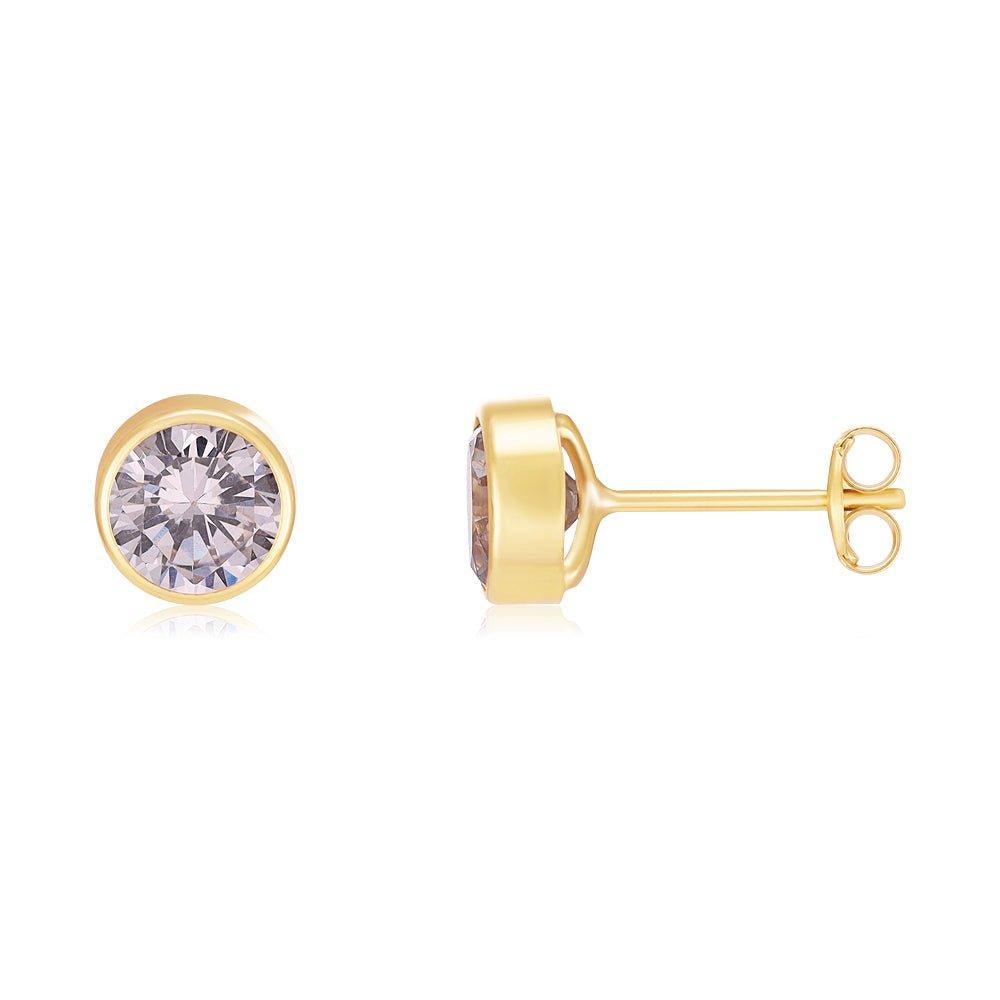 9ct Yellow Gold 6mm Rubover Set Cubic Zirconia Studs