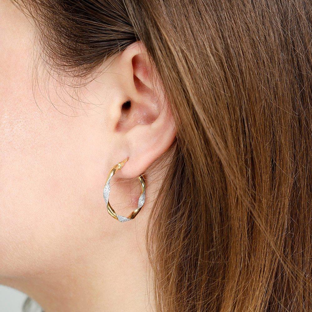 Yellow and White Gold Glitter Finish Twisted 25mm Hoop Earrings