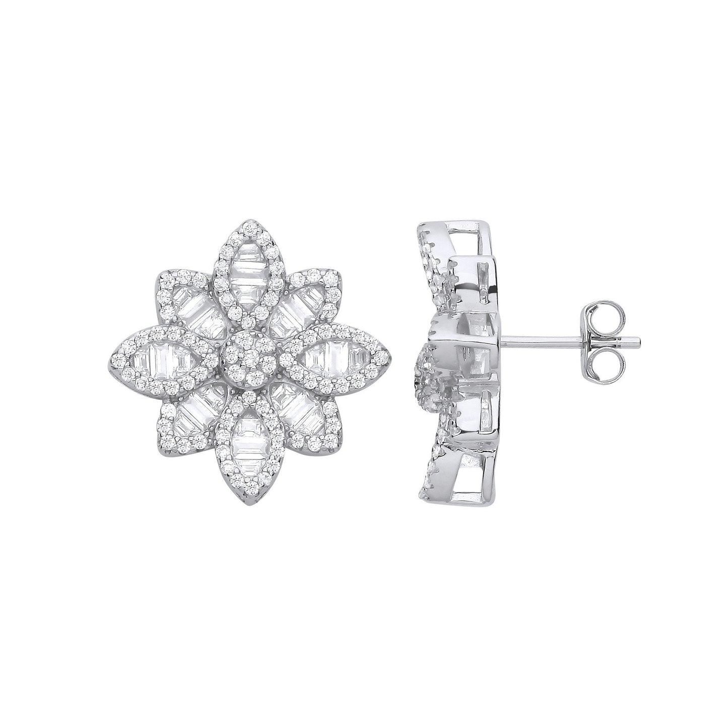 Silver Cubic Zirconia Big Flower Studs