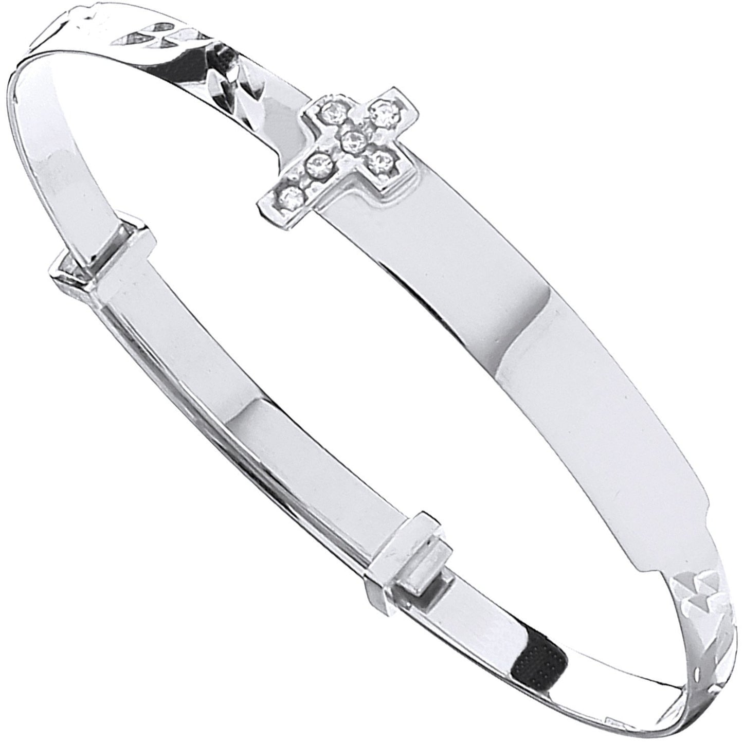 White Gold Diamond Cut Expandable Baby Bangle Cubic Zirconia Cross