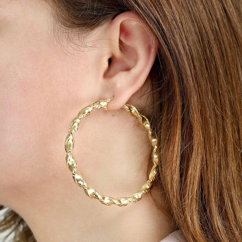 Yellow Gold 61mm Twisted Hollow Hoop Earrings
