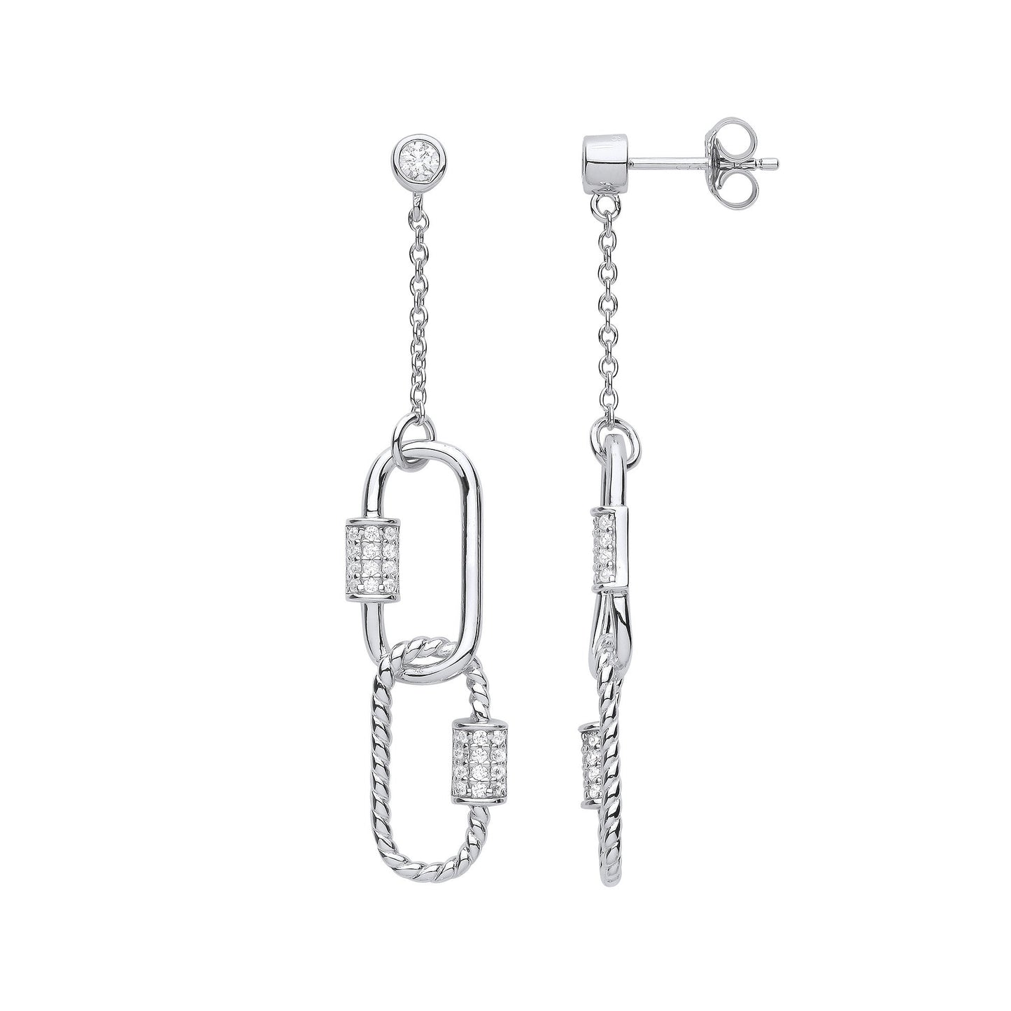 Silver Paper Clip Cubic Zirconia Drop Earrings