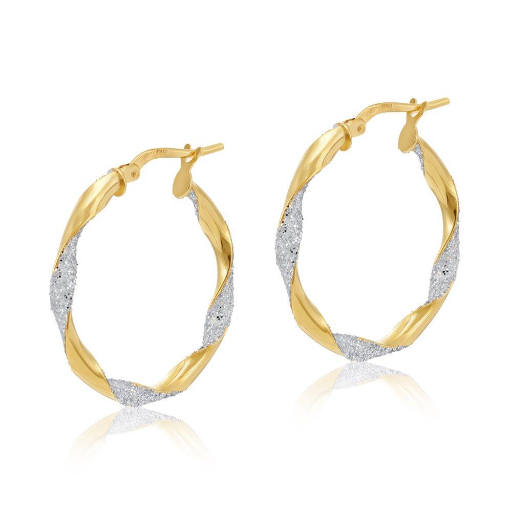 Yellow and White Gold Glitter Finish Twisted 25mm Hoop Earrings