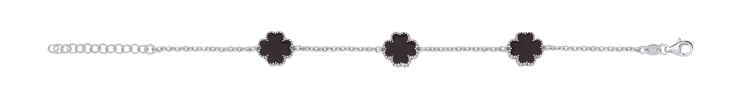 Silver Black Enamel Four Leaf Clover Bracelet