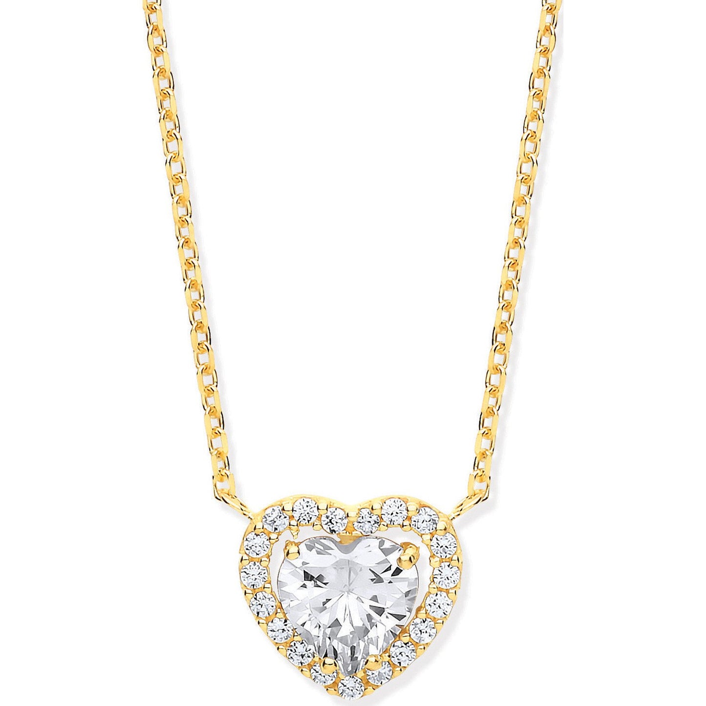 Yellow Gold Heart Halo Style Cubic Zirconias Pendant on 18" Chain