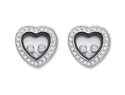 Silver Floating Cubic Zirconia Heart Stud Earrings