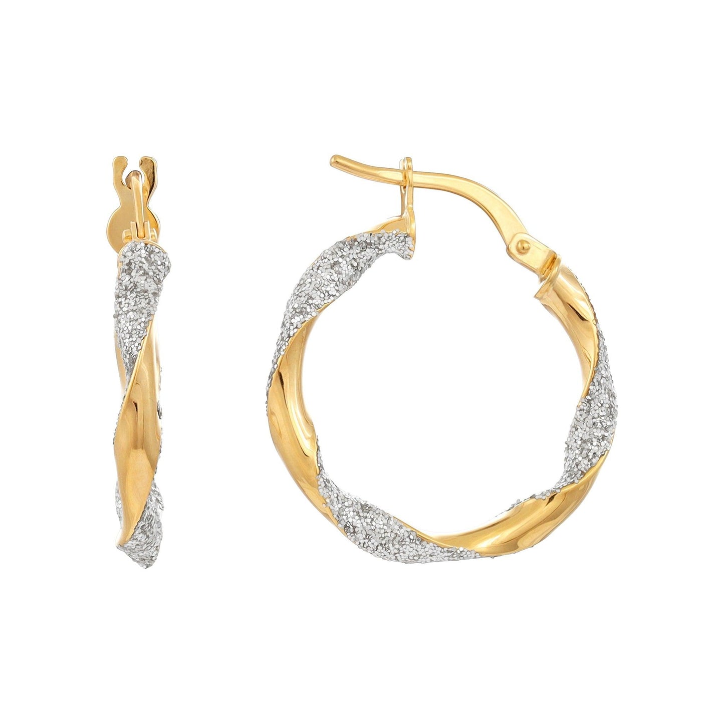 Yellow and White Gold Glitter Finish Twisted 22mm Hoop Earrings