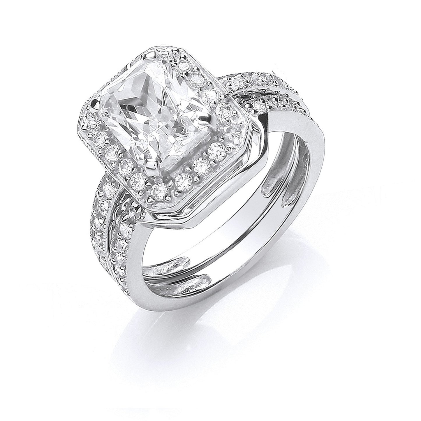 Silver Bridal Set Cubic Zirconia Emerald Cut Centre Rings