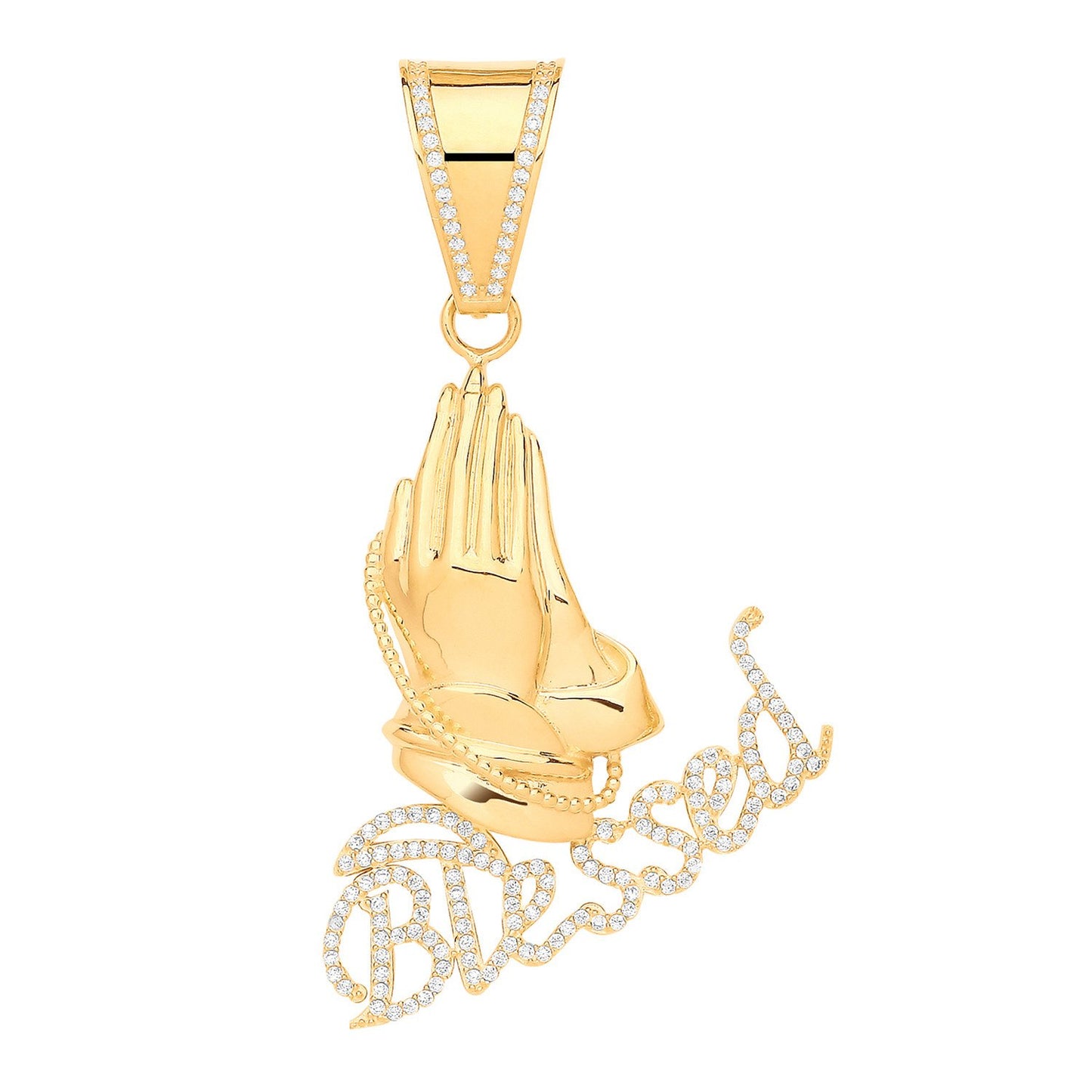 Yellow Gold Blessed, Praying Hands Cubic Zirconia Pendant