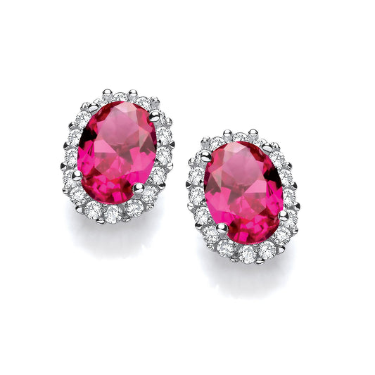 Oval Red Cubic Zirconia Stud Silver Earrings