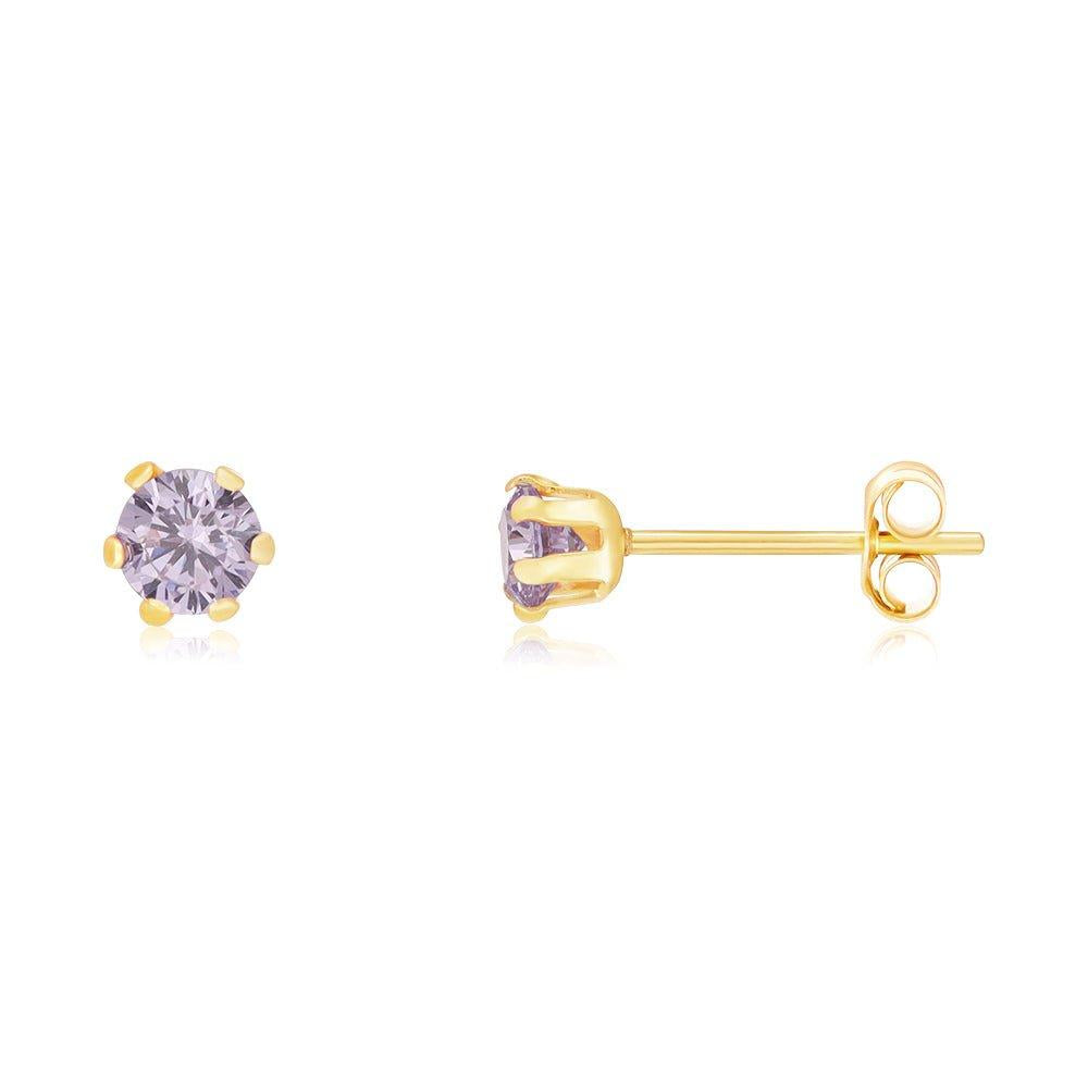 Yellow Gold 3mm Claw Set Lavander Cubic Zirconia Studs