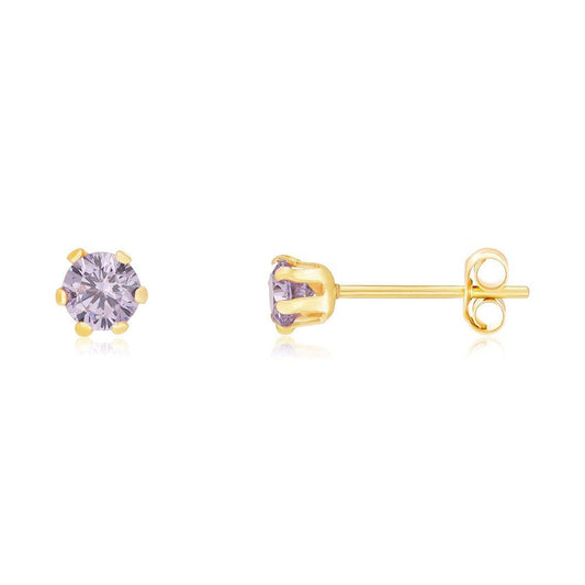 Yellow Gold 3mm Claw Set Lavander Cubic Zirconia Studs