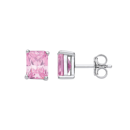 Silver PINK Cubic Zirconia Emerald Cut Stud Earrings