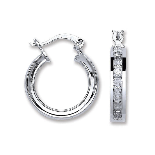 Silver Channel Set Cubic Zirconia Hoop Earrings - 18.2mm