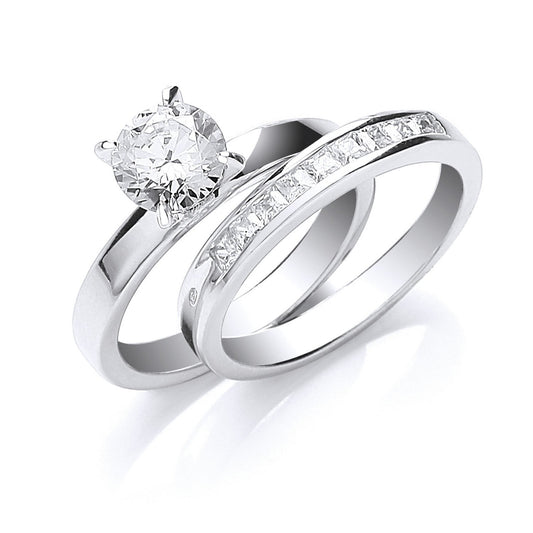 Silver Bridal Solitaire & Pear Cut Cubic Zirconias Set Rings