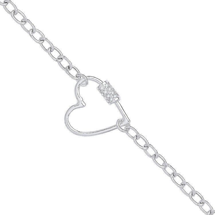 Silver Oval Link Chain , Heart Cubic Zirconia Charm Bracelet