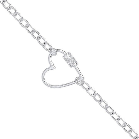 Silver Oval Link Chain , Heart Cubic Zirconia Charm Bracelet