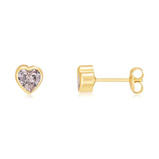 9ct Yellow Gold Rubover Set Heart Shaped Cubic Zirconia Studs