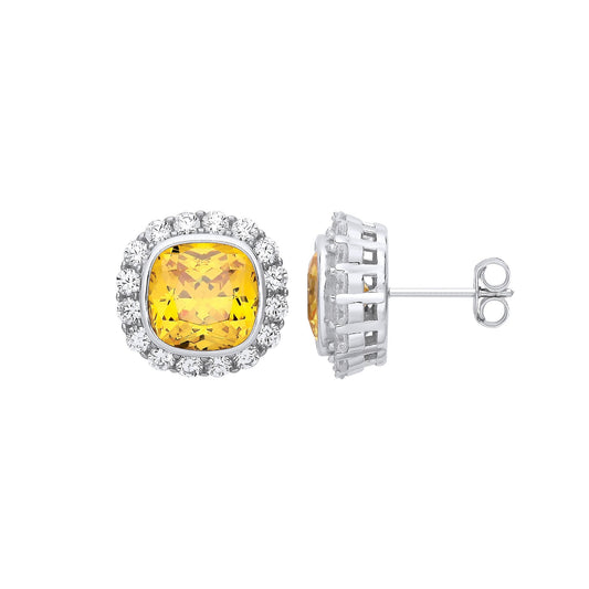 Silver Yellow Cubic Zirconia Halo Stud Earrings