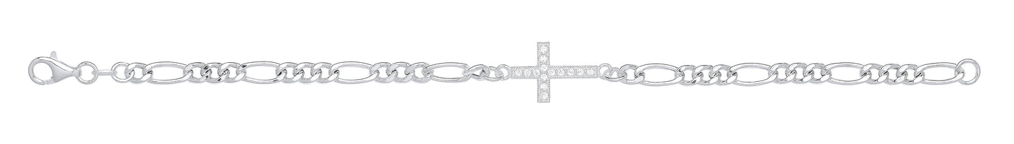 Silver Figaro Chain with Cubic Zirconia Cross Bracelet