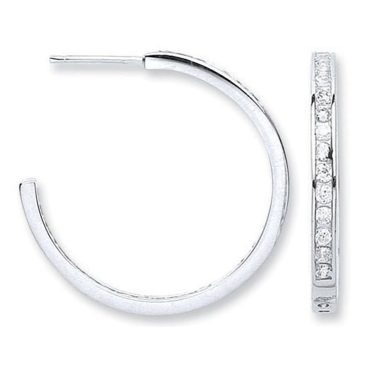 Silver Channel Set Cubic Zirconia Hoop Earrings