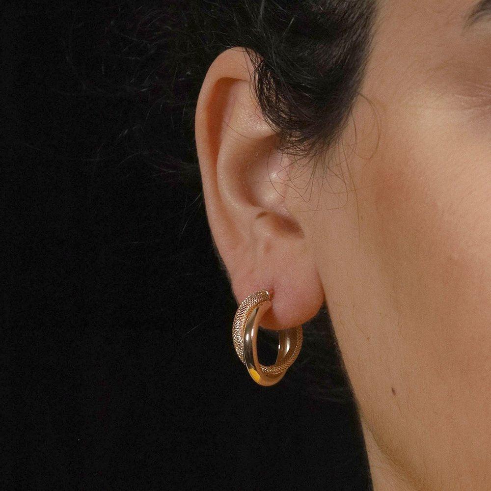Yellow Gold 21mm Fancy Frosted Double Hoop Earrings