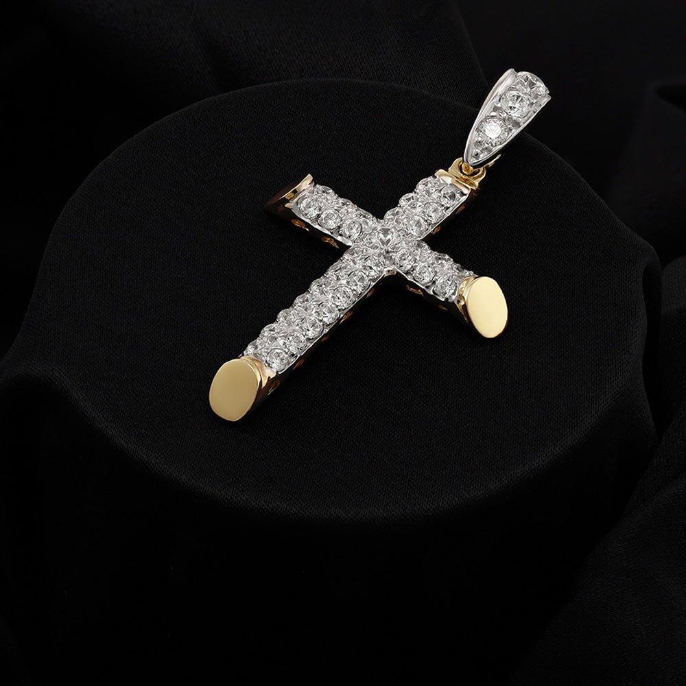 Yellow Gold Round Tubed Cubic Zirconia Cross - 23.8mm
